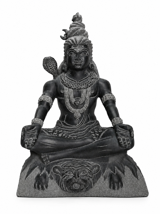 Hand-carved 1.25 ft Shiva statue in natural stone, product view 1 highlighting the yogic form and carved details.