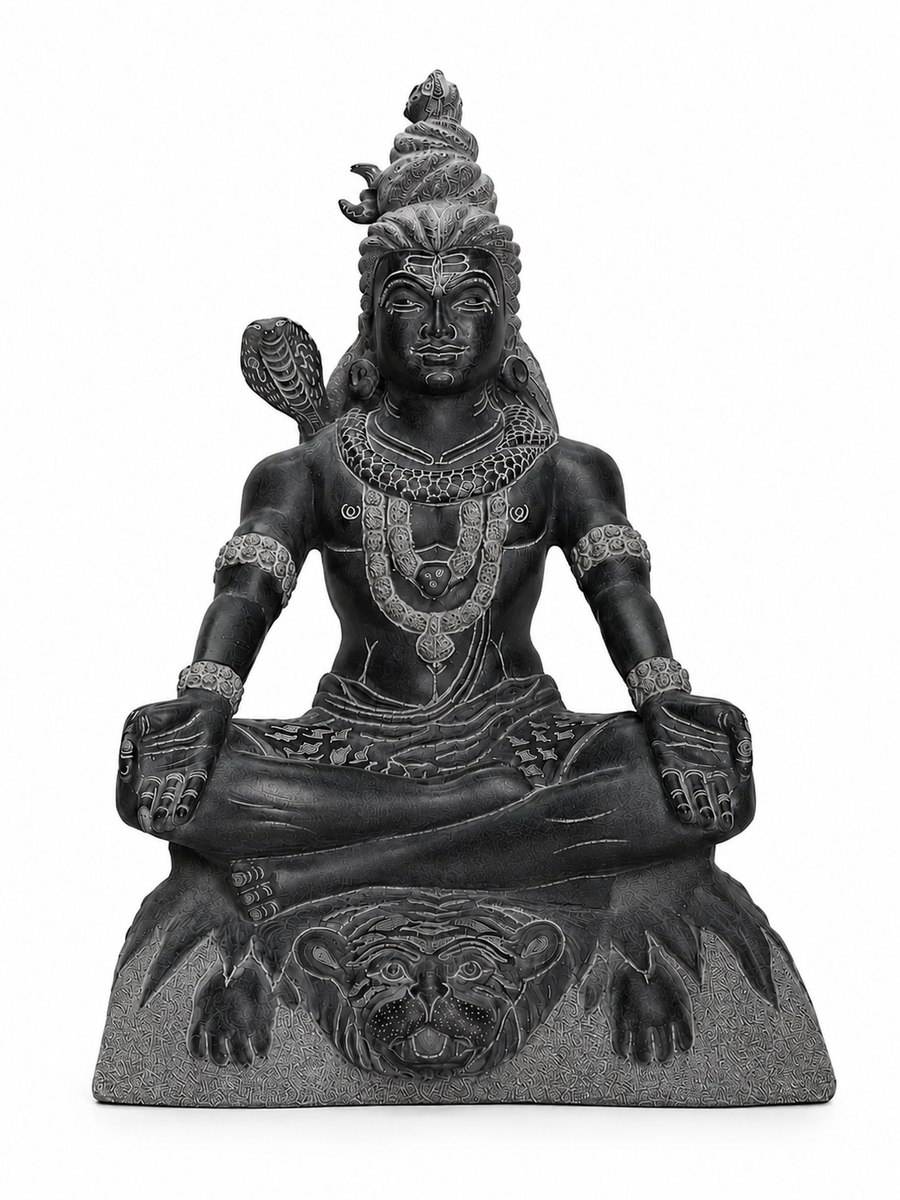 Hand-carved 1.25 ft Shiva statue in natural stone, product view 1 highlighting the yogic form and carved details.