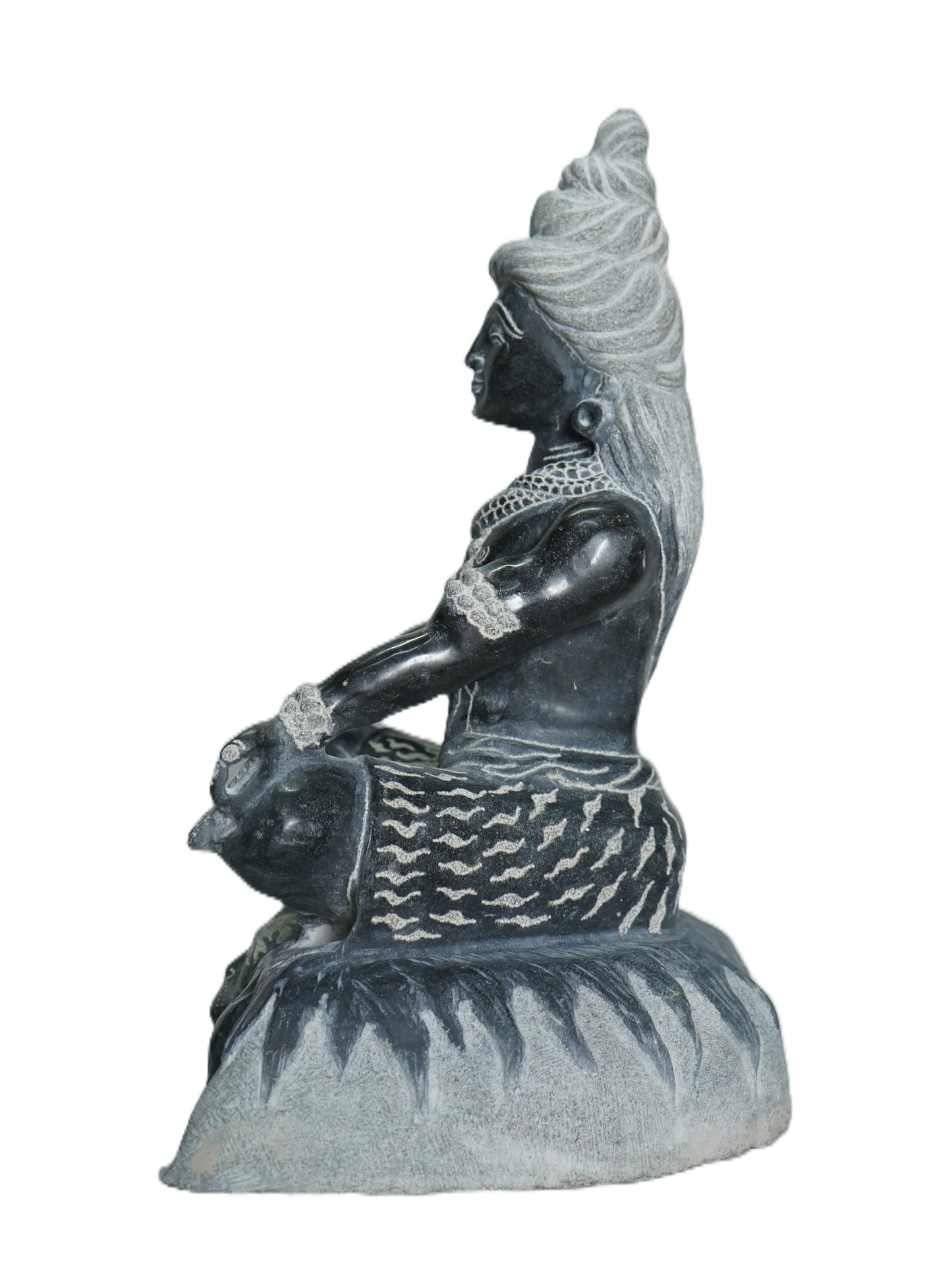 Hand-carved 1.25 ft Shiva statue in natural stone, product view 3 highlighting the yogic form and carved details.