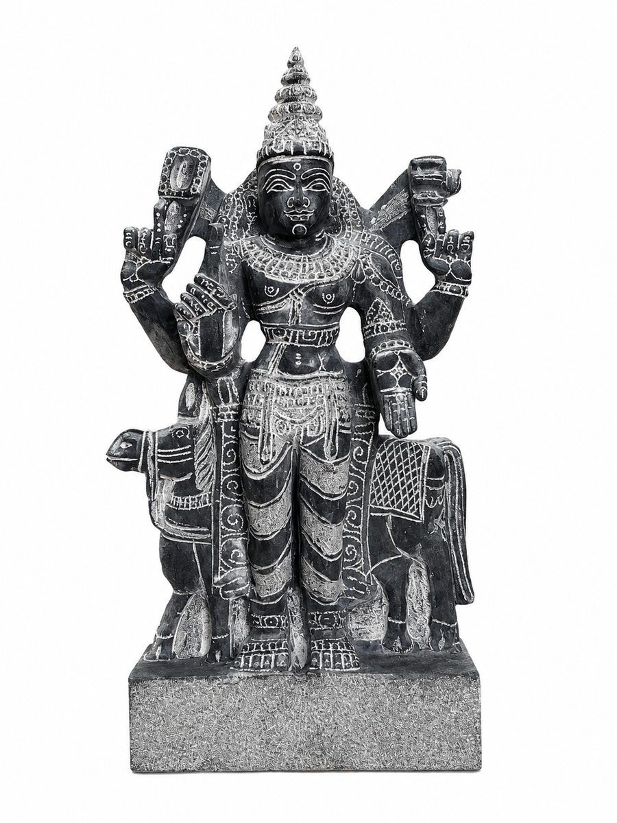 Hand-carved 1.25 ft Shukra Bhagavan Navagraha statue in natural stone, product view 1 highlighting the planetary deity form and carved details.
