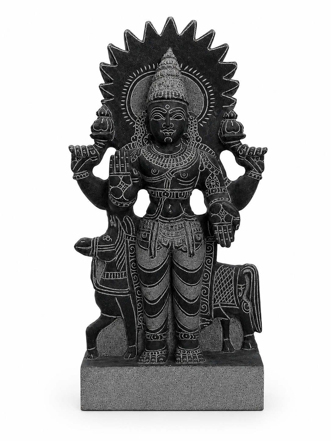 Hand-carved 1.25 ft Surya Bhagavan Navagraha statue in natural stone, product view 1 highlighting the solar deity form and details.