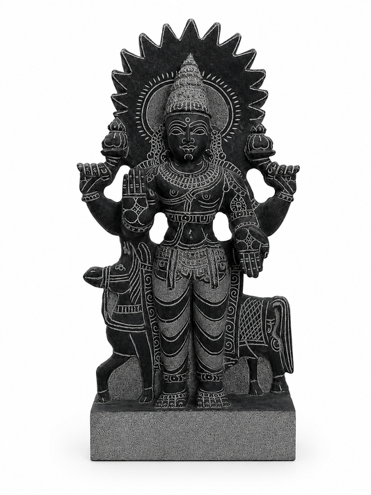 Hand-carved 1.25 ft Surya Bhagavan Navagraha statue in natural stone, product view 1 highlighting the solar deity form and details.