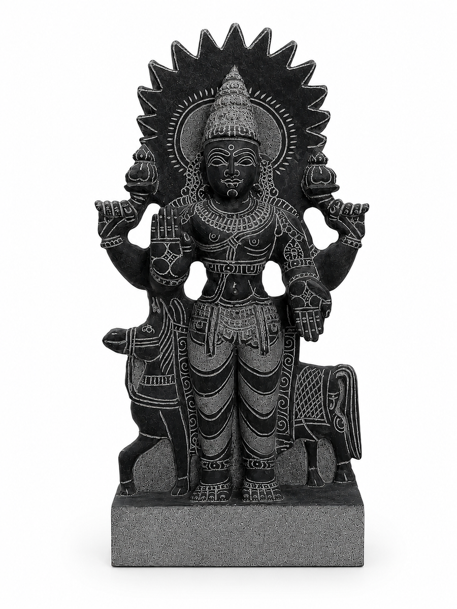 Hand-carved 1.25 ft Surya Bhagavan Navagraha statue in natural stone, product view 1 highlighting the solar deity form and details.