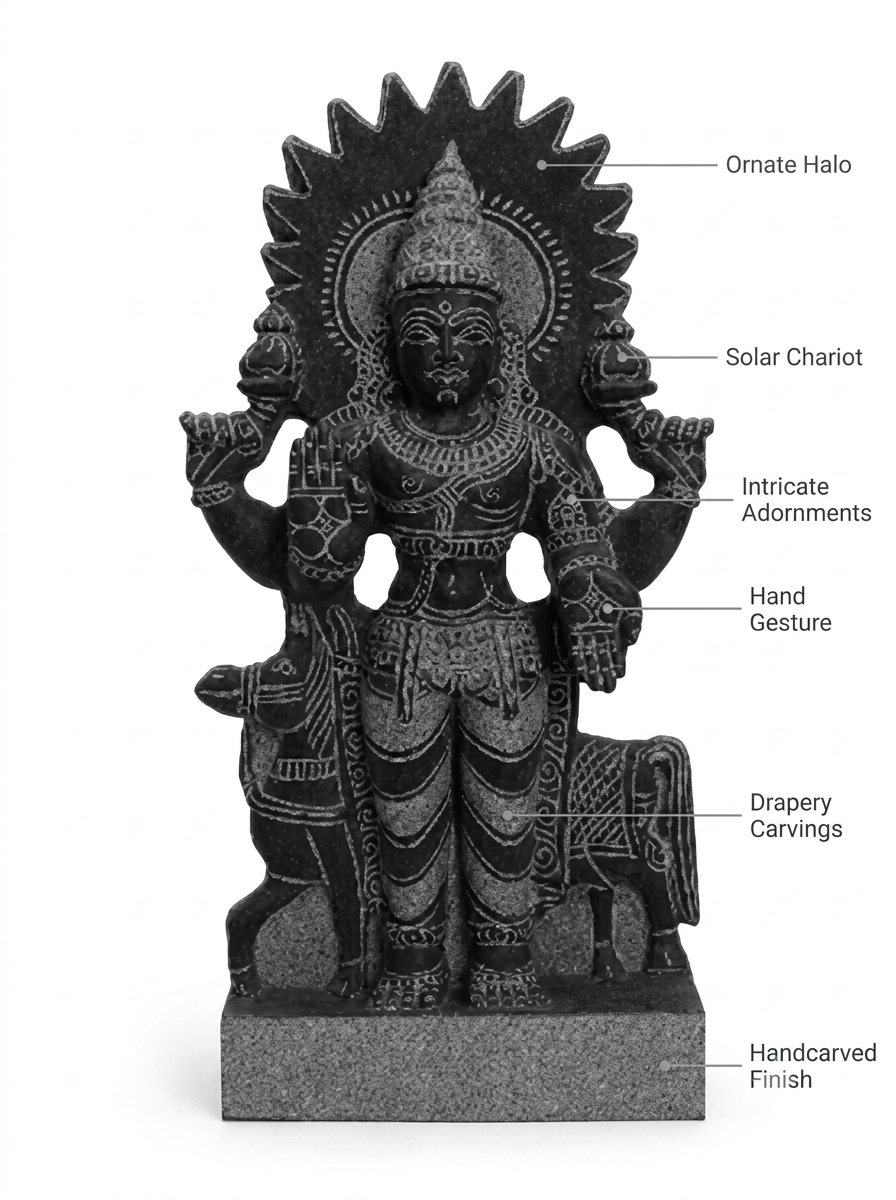 Hand-carved 1.25 ft Surya Bhagavan Navagraha statue in natural stone, product view 2 highlighting the solar deity form and details.