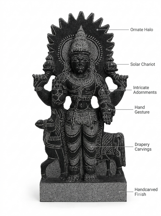 Hand-carved 1.25 ft Surya Bhagavan Navagraha statue in natural stone, product view 2 highlighting the solar deity form and details.