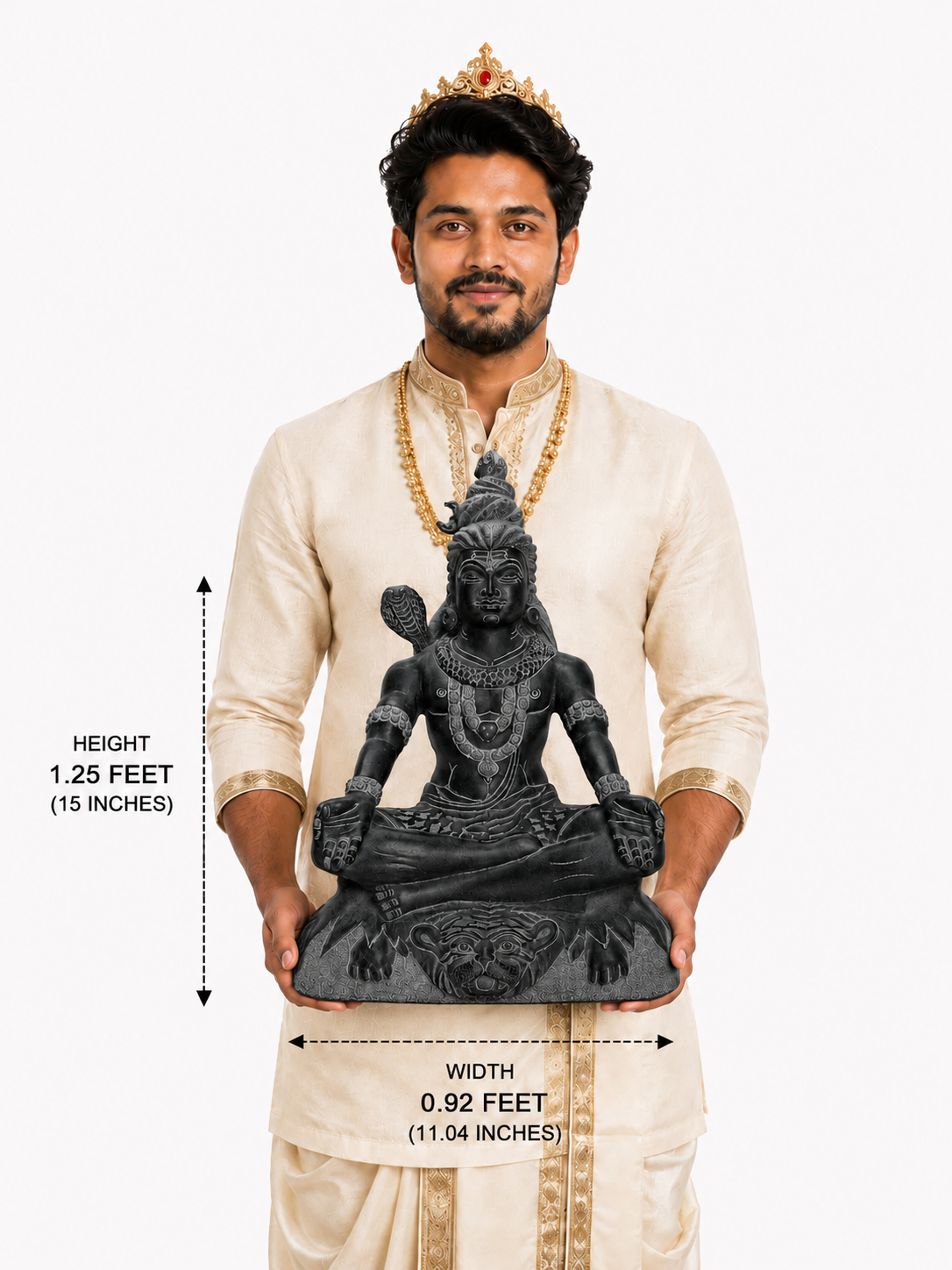Hand-carved 1.25 ft Yogeshwara Shiva statue in polished black stone shown beside an adult model for scale.