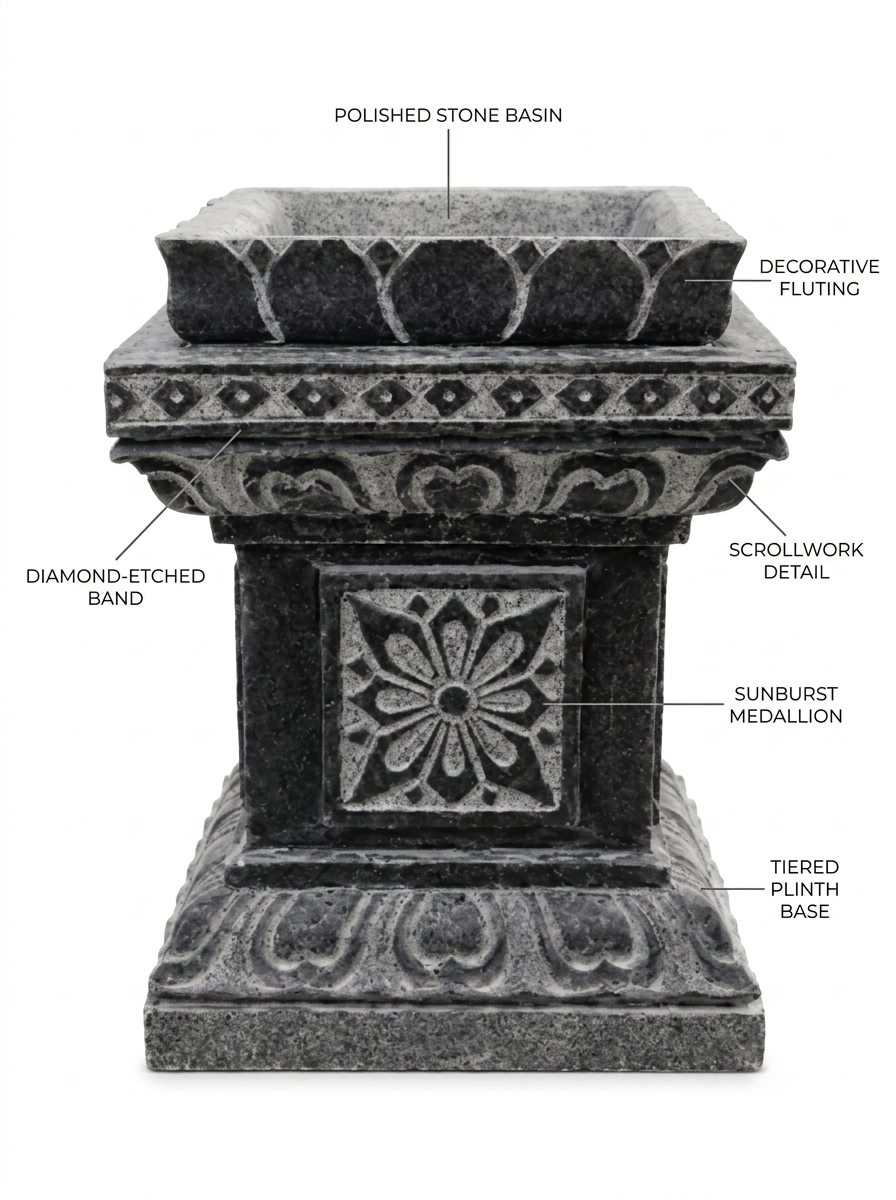 Hand-carved 1.3 ft Ornate Carved Stone Pedestal in natural Charnockite stone, product view 2 showing the sculpture and carved details.
