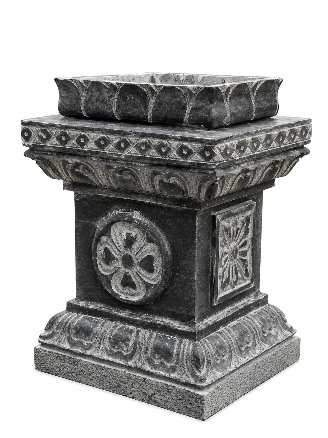 Hand-carved 1.3 ft Ornate Carved Stone Pedestal in natural Charnockite stone, product view 3 showing the sculpture and carved details.