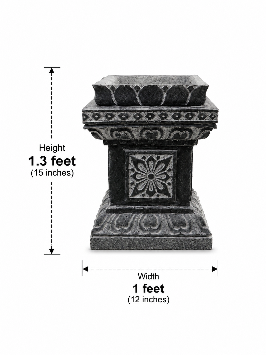 Hand-carved 1.3 ft Ornate Carved Stone Pedestal in natural Charnockite stone, product view 4 showing the sculpture and carved details.