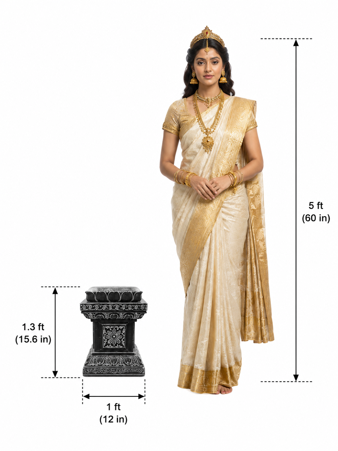 Hand-carved 1.3 ft Ornate Carved Stone Pedestal in natural Charnockite stone, product view 5 showing the sculpture and carved details.