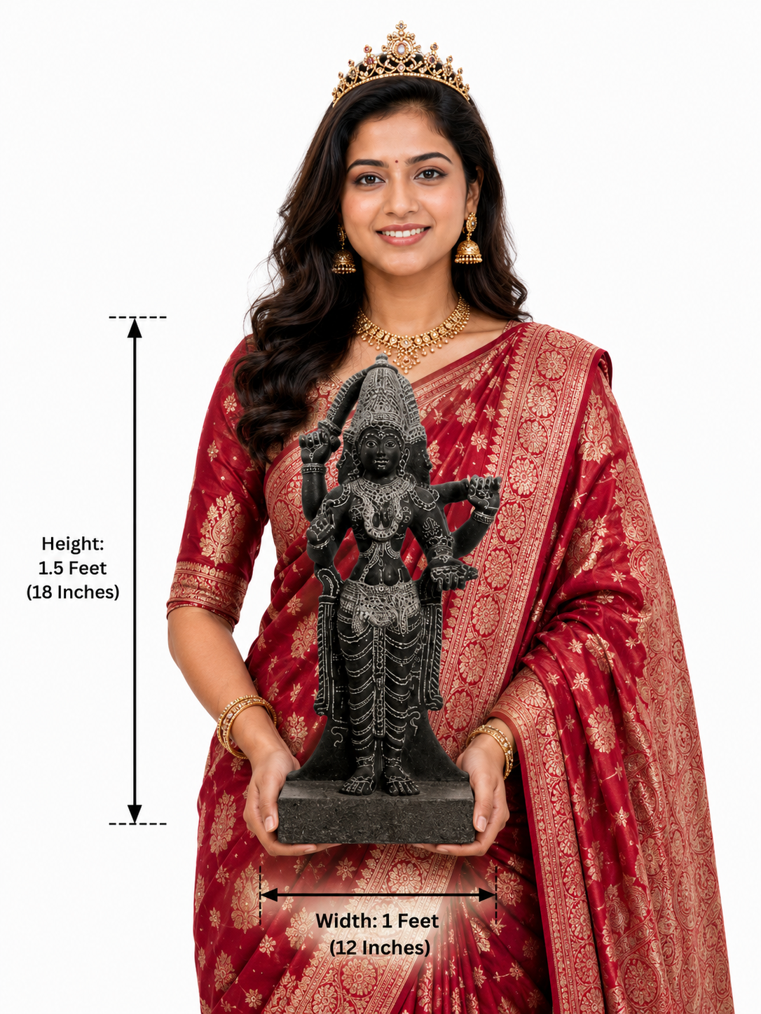 Hand-carved 1.5 ft Brahmi Sapta Matrika statue in polished black stone shown with an adult model for scale and measurements.