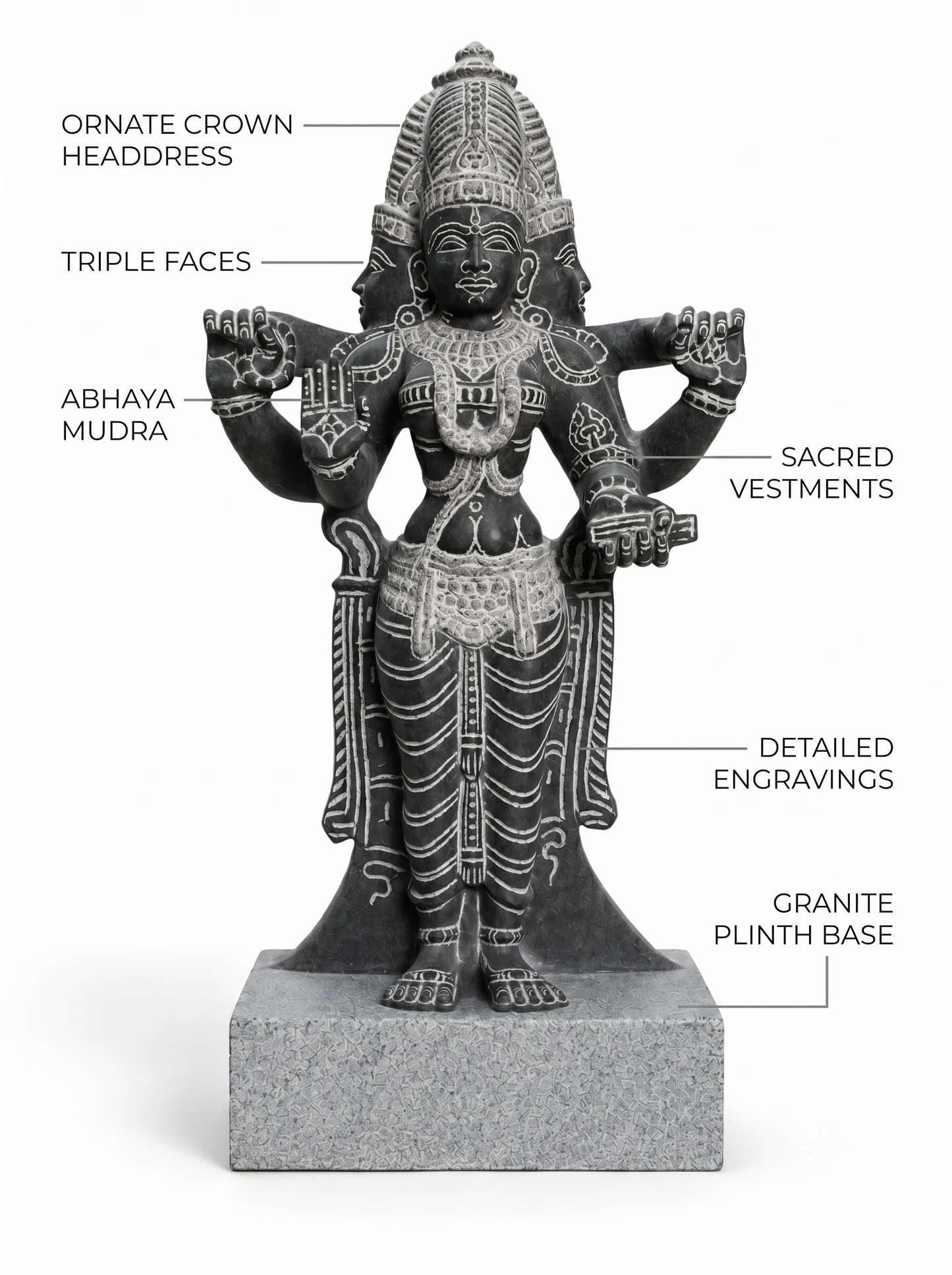 Hand-carved 1.5 ft Brahmi statue in natural stone, product view 2 highlighting the Sapta Matrika form and carved details.