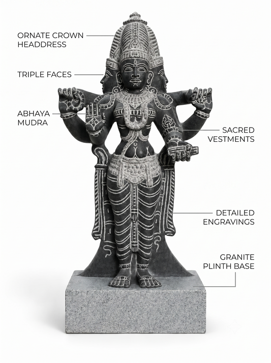 Hand-carved 1.5 ft Brahmi statue in natural stone, product view 2 highlighting the Sapta Matrika form and carved details.