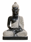Hand-carved 1.5 ft Buddha statue in natural stone, product view 1 highlighting the meditative form and carved details.