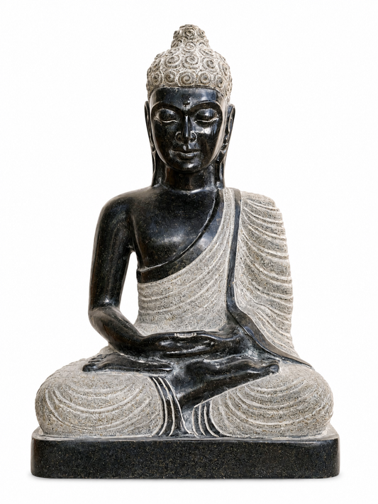 Hand-carved 1.5 ft Buddha statue in natural stone, product view 1 highlighting the meditative form and carved details.