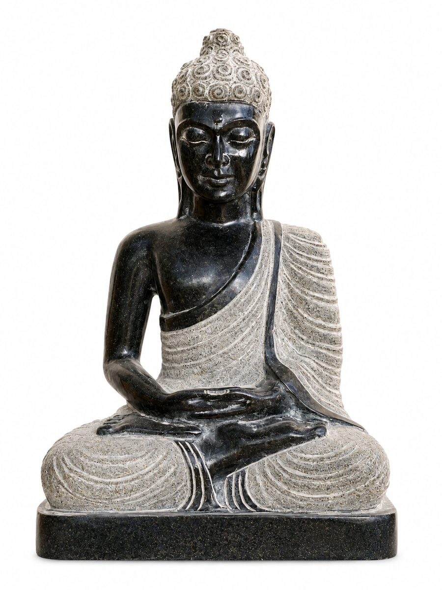 Hand-carved 1.5 ft Buddha statue in natural stone, product view 1 highlighting the meditative form and carved details.