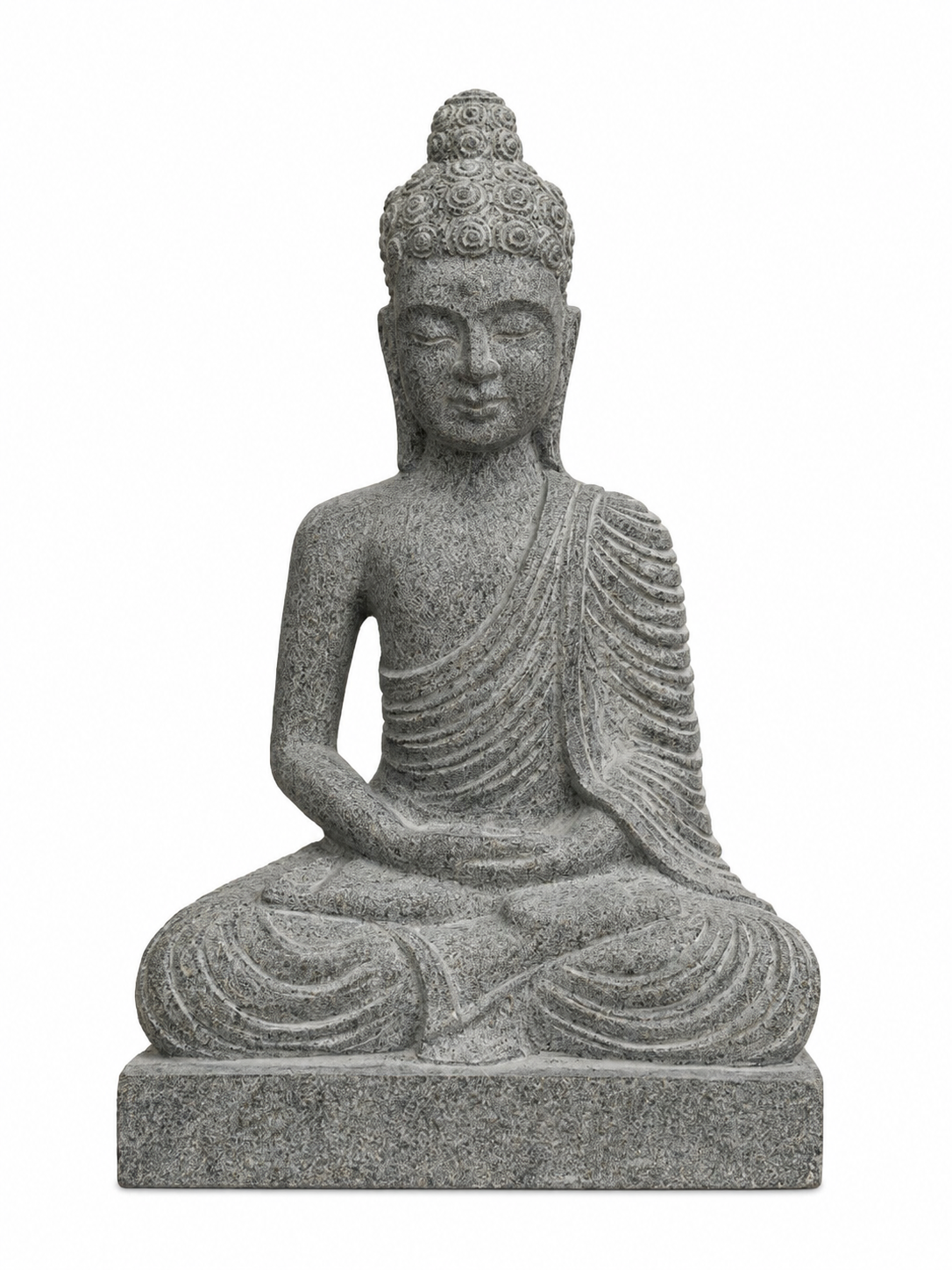Hand-carved 1.5 ft Buddha statue in natural stone, product view 1 highlighting the meditative form and carved details.