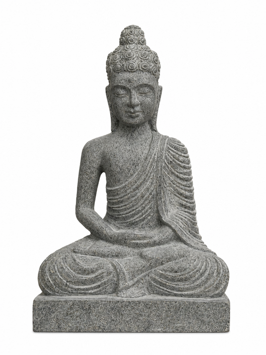 Hand-carved 1.5 ft Buddha statue in natural stone, product view 1 highlighting the meditative form and carved details.