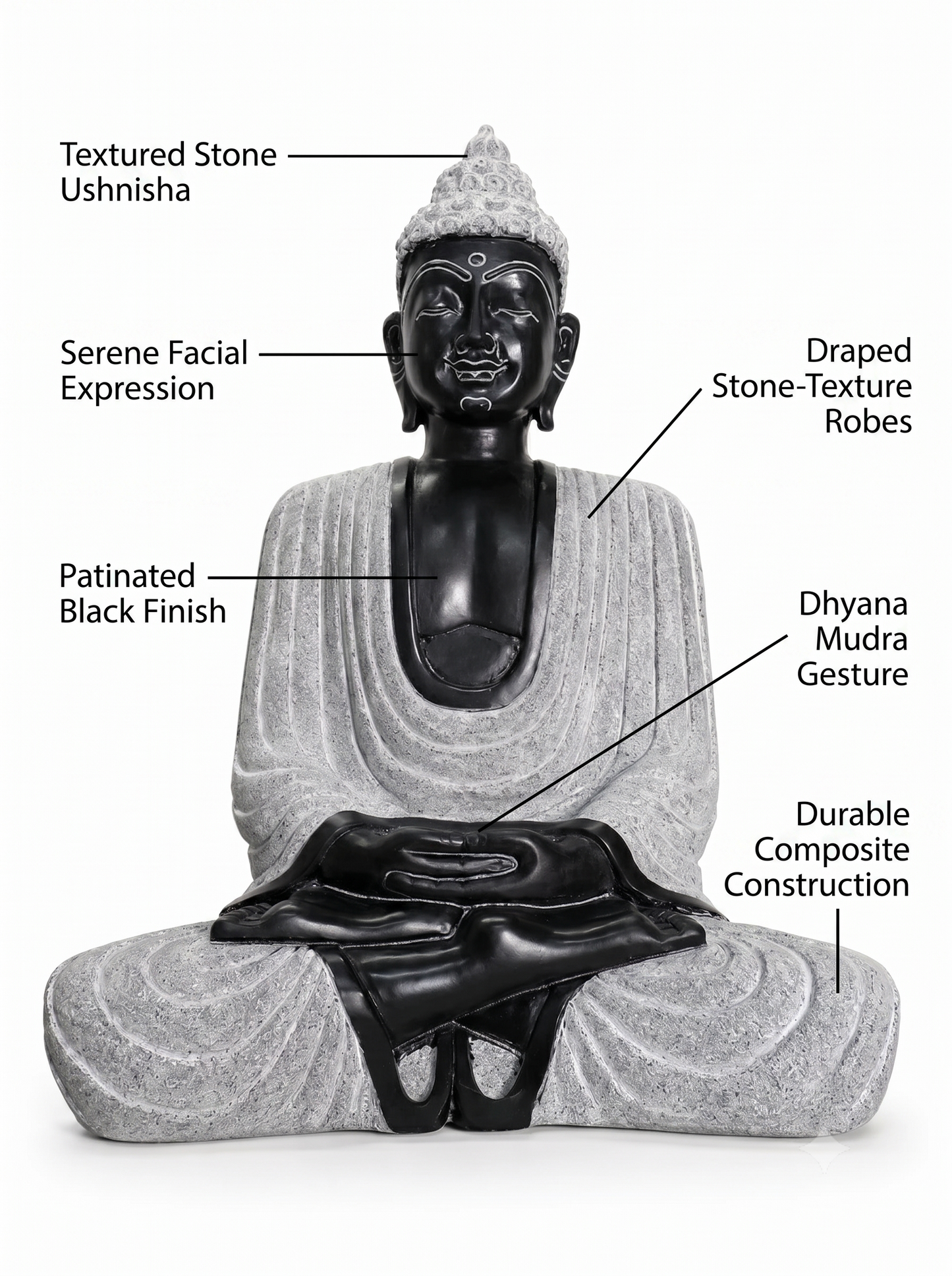 Hand-carved 1.5 ft Buddha statue in natural stone, product view 2 highlighting the meditative form and carved details.