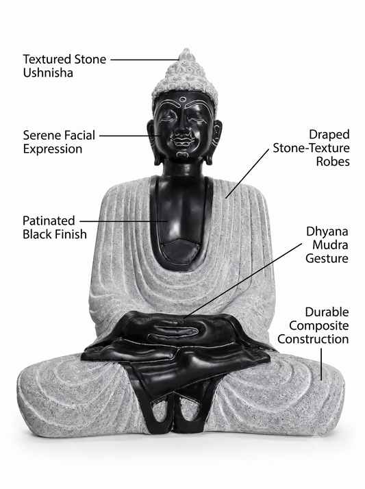 Hand-carved 1.5 ft Buddha statue in natural stone, product view 2 highlighting the meditative form and carved details.