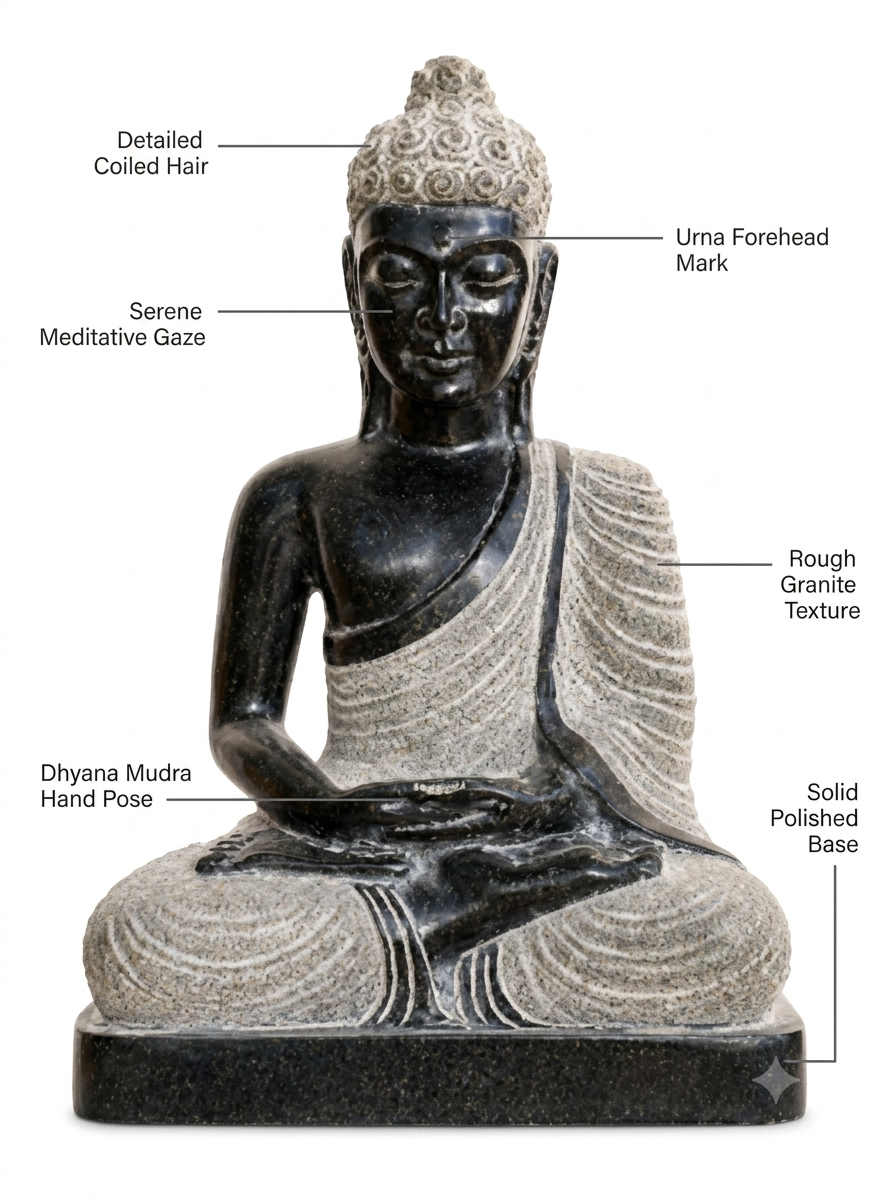 Hand-carved 1.5 ft Buddha statue in natural stone, product view 2 highlighting the meditative form and carved details.