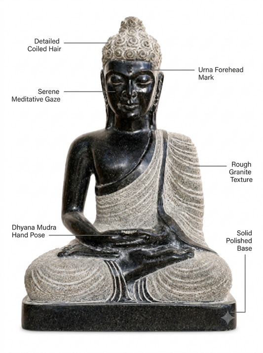 Hand-carved 1.5 ft Buddha statue in natural stone, product view 2 highlighting the meditative form and carved details.