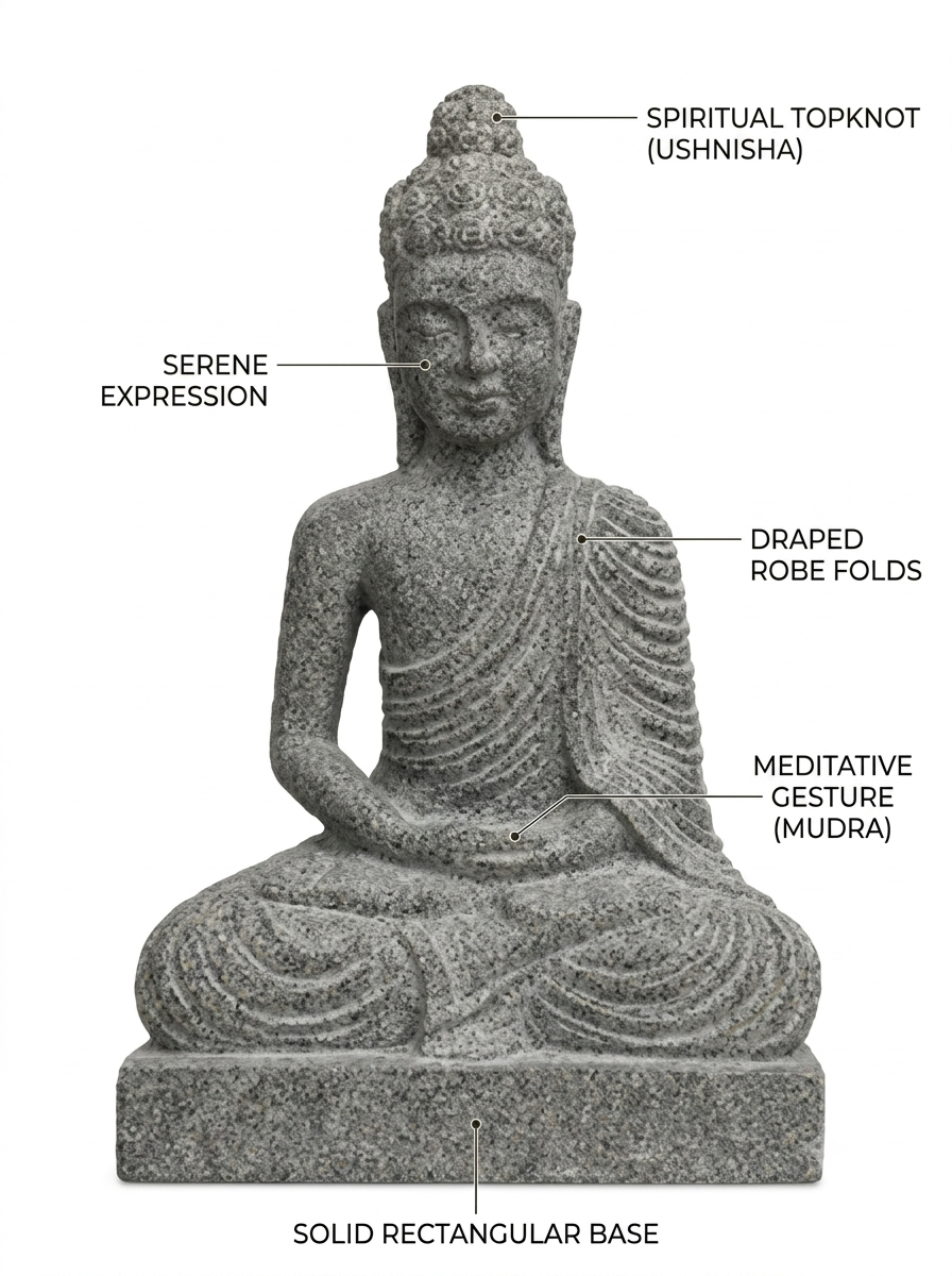 Hand-carved 1.5 ft Buddha statue in natural stone, product view 2 highlighting the meditative form and carved details.