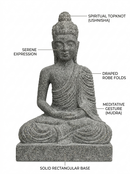 Hand-carved 1.5 ft Buddha statue in natural stone, product view 2 highlighting the meditative form and carved details.