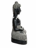 Hand-carved 1.5 ft Buddha statue in natural stone, product view 3 highlighting the meditative form and carved details.