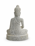 Hand-carved 1.5 ft Buddha statue in natural stone, product view 3 highlighting the meditative form and carved details.