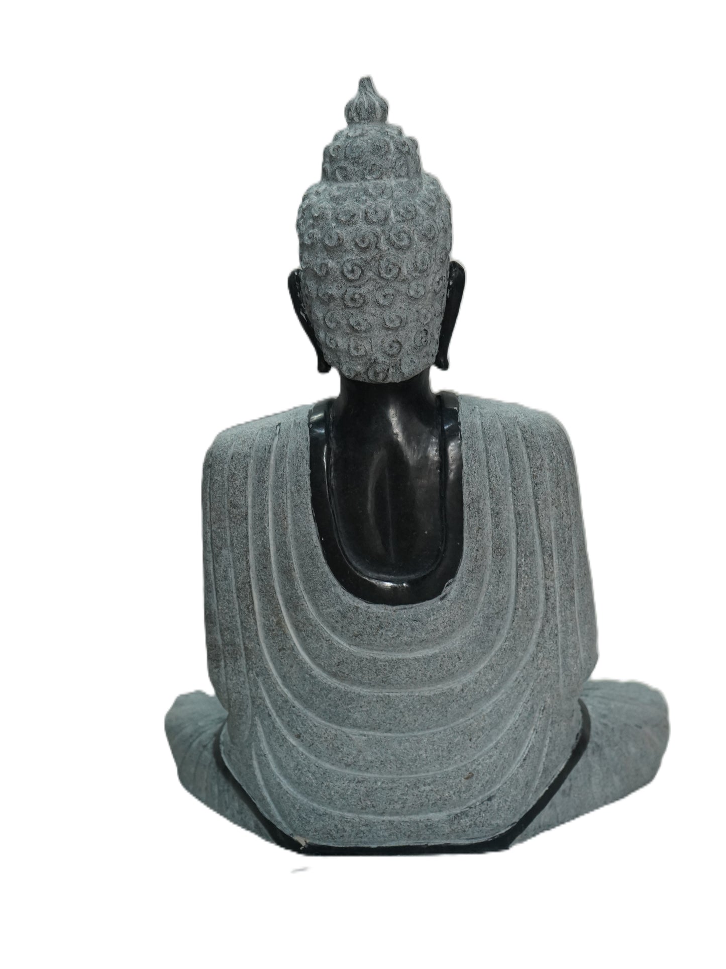 Hand-carved 1.5 ft Buddha statue in natural stone, product view 4 highlighting the meditative form and carved details.