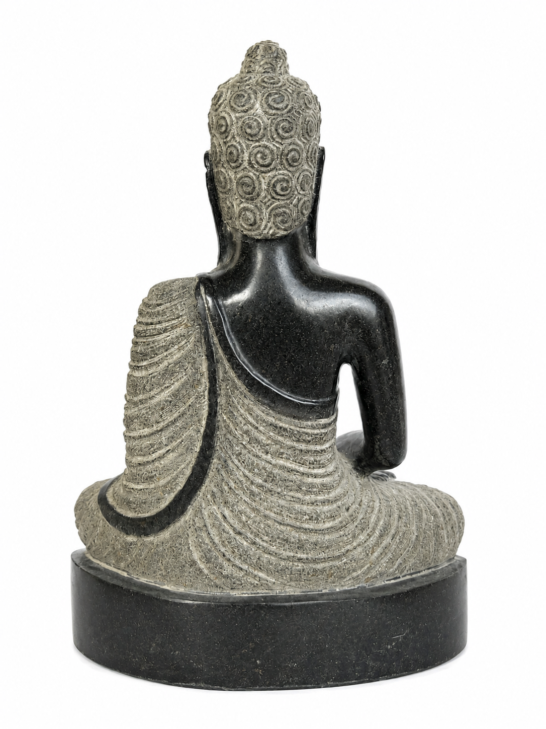 Hand-carved 1.5 ft Buddha statue in natural stone, product view 4 highlighting the meditative form and carved details.