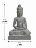 Hand-carved 1.5 ft Dhyana Buddha statue in polished black stone shown beside an adult model for scale with measurements.