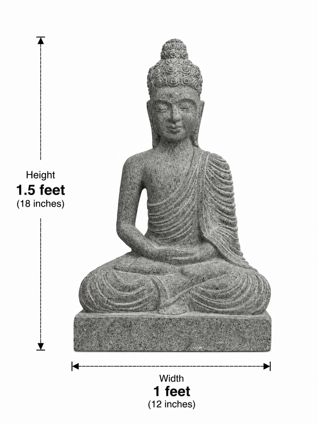 Hand-carved 1.5 ft Dhyana Buddha statue in polished black stone shown beside an adult model for scale with measurements.