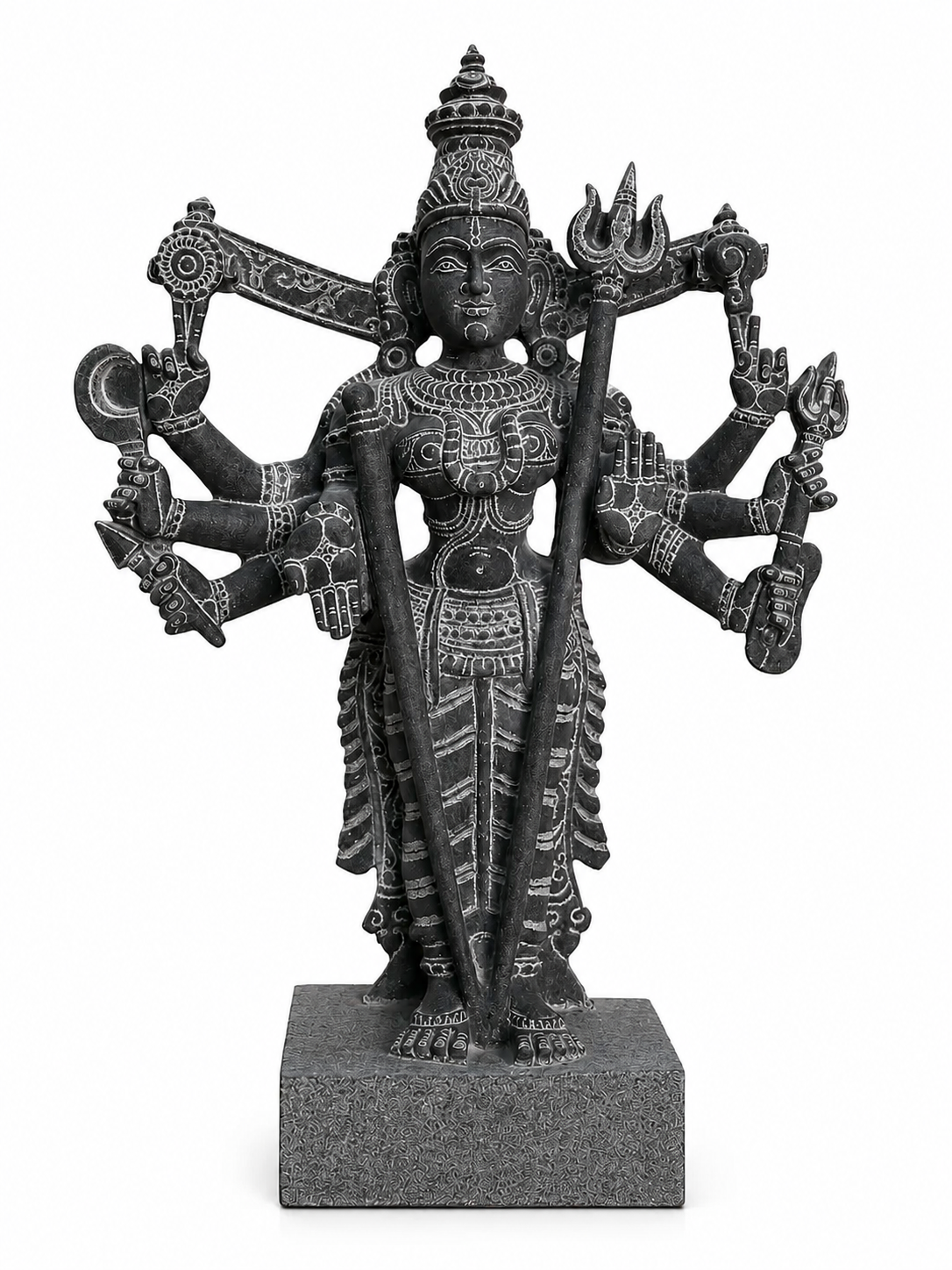 Hand-carved 1.5 ft Kali Amman statue in natural stone, product view 1 highlighting the sculpture and carved details.