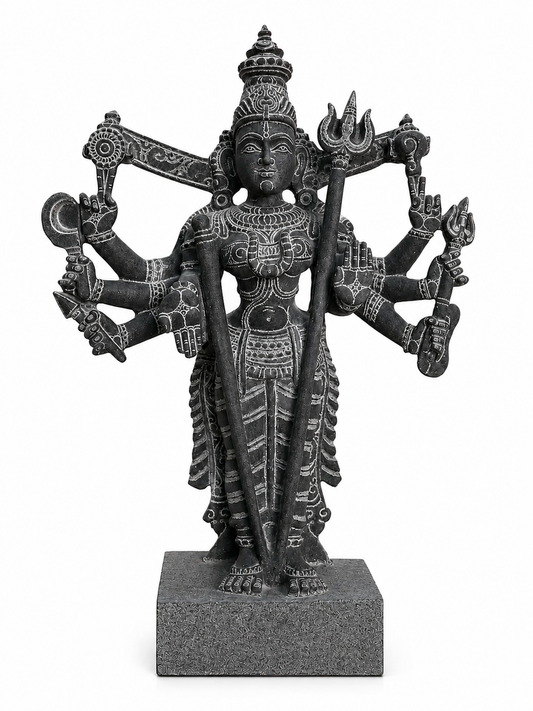 Hand-carved 1.5 ft Kali Amman statue in natural stone, product view 1 highlighting the sculpture and carved details.