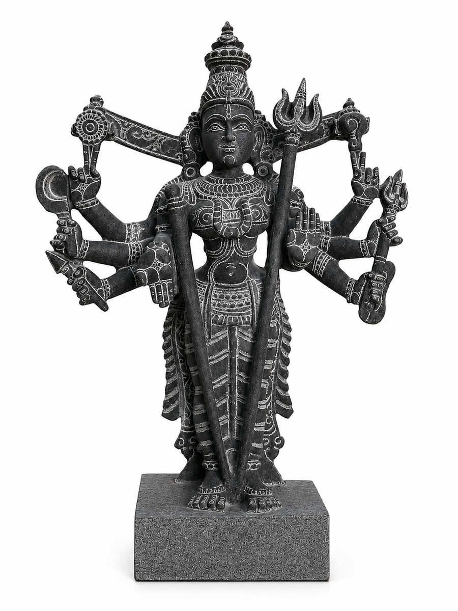 Hand-carved 1.5 ft Kali Amman statue in natural stone, product view 1 highlighting the sculpture and carved details.
