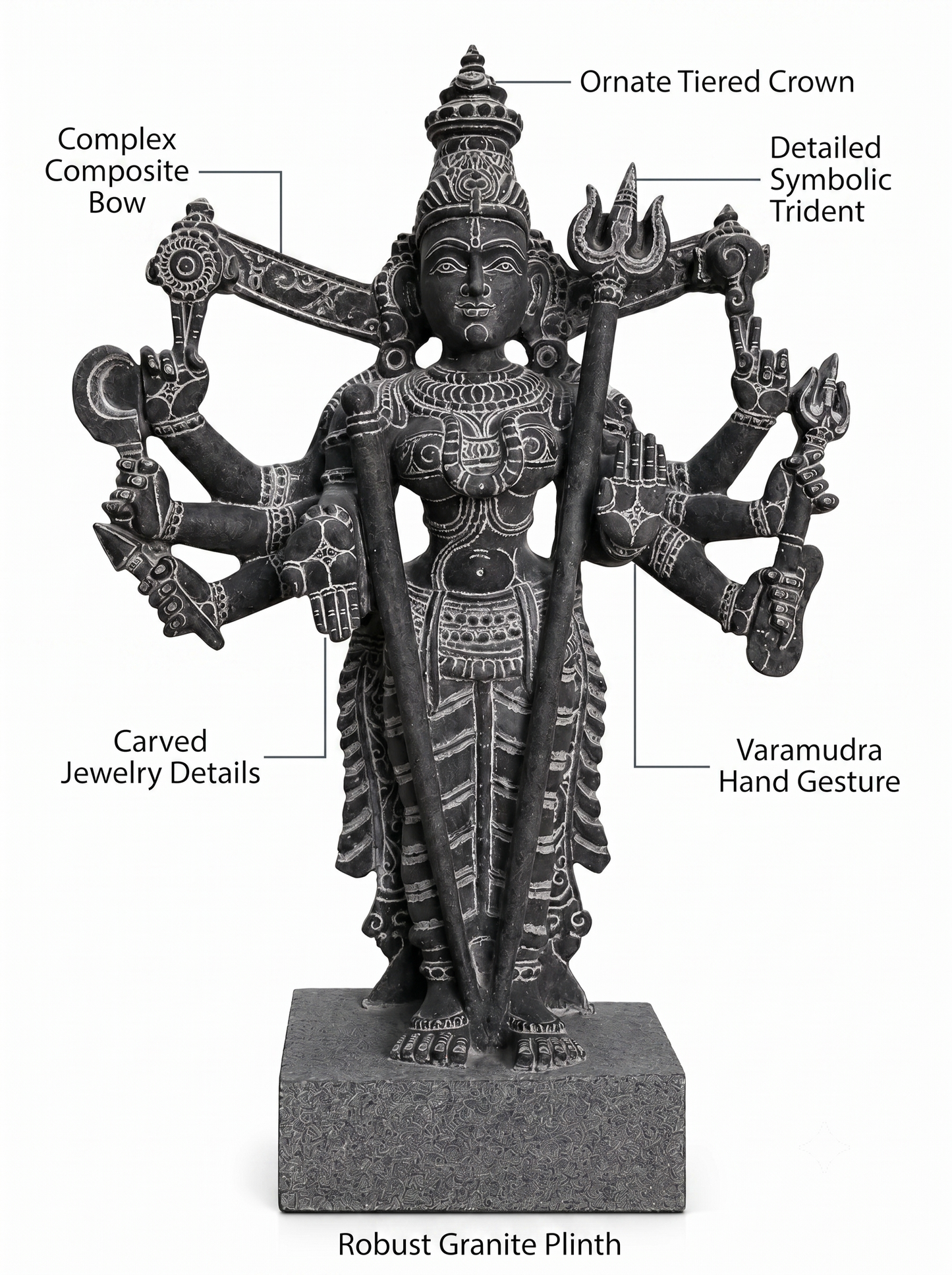 Hand-carved 1.5 ft Kali Amman statue in natural stone, product view 2 highlighting the sculpture and carved details.