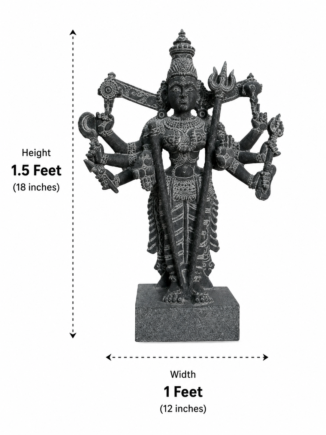 Hand-carved 1.5 ft Kali Amman statue in natural stone, product view 5 highlighting the sculpture and carved details.