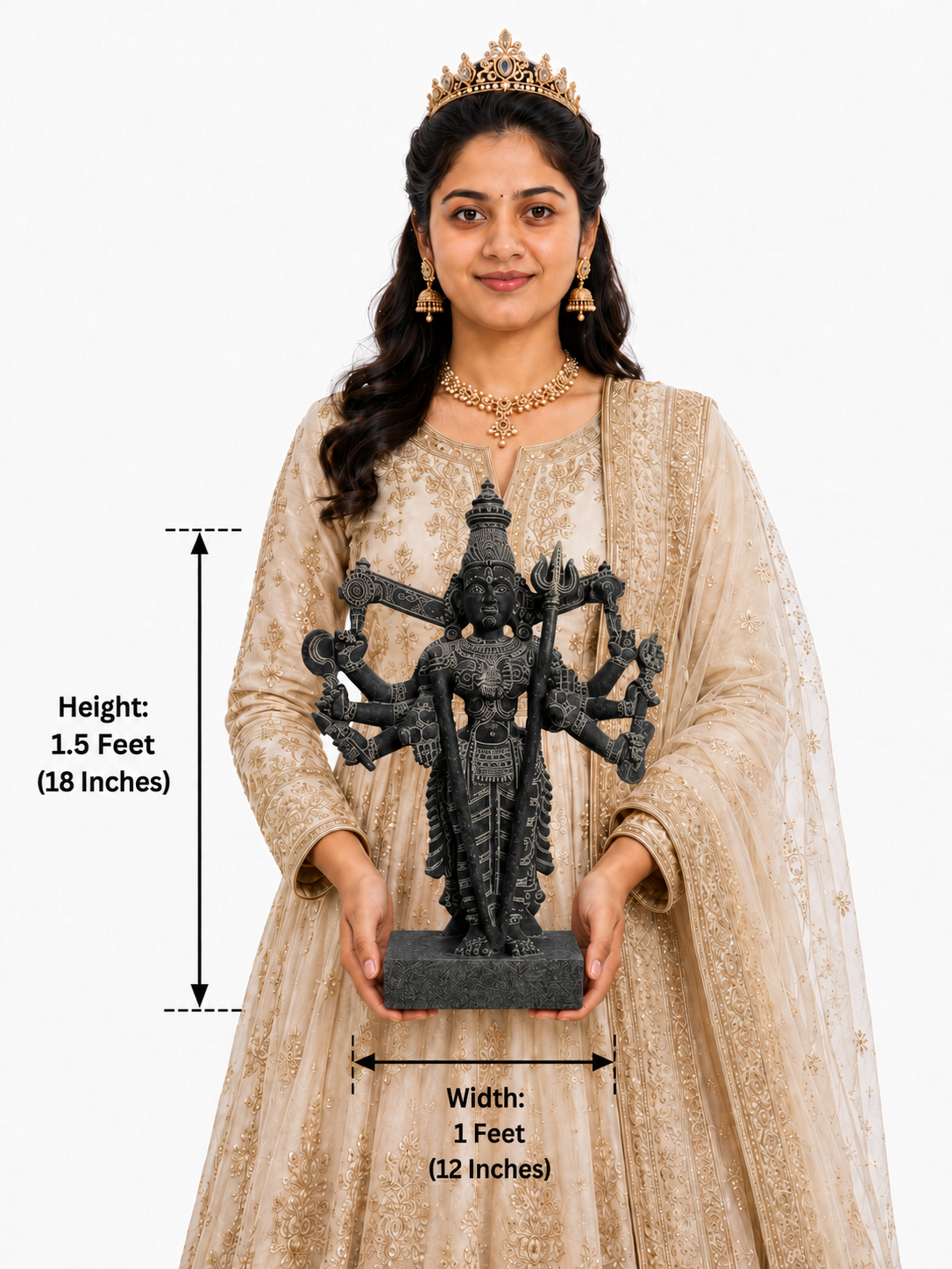 Hand-carved 1.5 ft Kali Amman statue in polished black stone shown beside an adult model for scale and measurements.