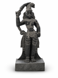 Hand-carved 1.5 ft Madurai Veeran statue in natural stone, product view 1 highlighting the guardian deity form and carved details.