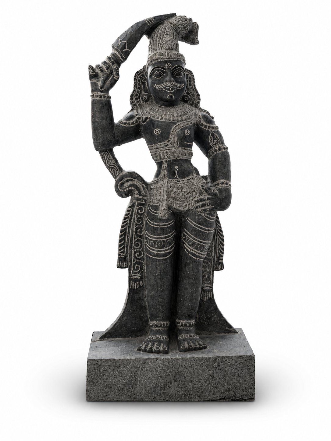 Hand-carved 1.5 ft Madurai Veeran statue in natural stone, product view 1 highlighting the guardian deity form and carved details.