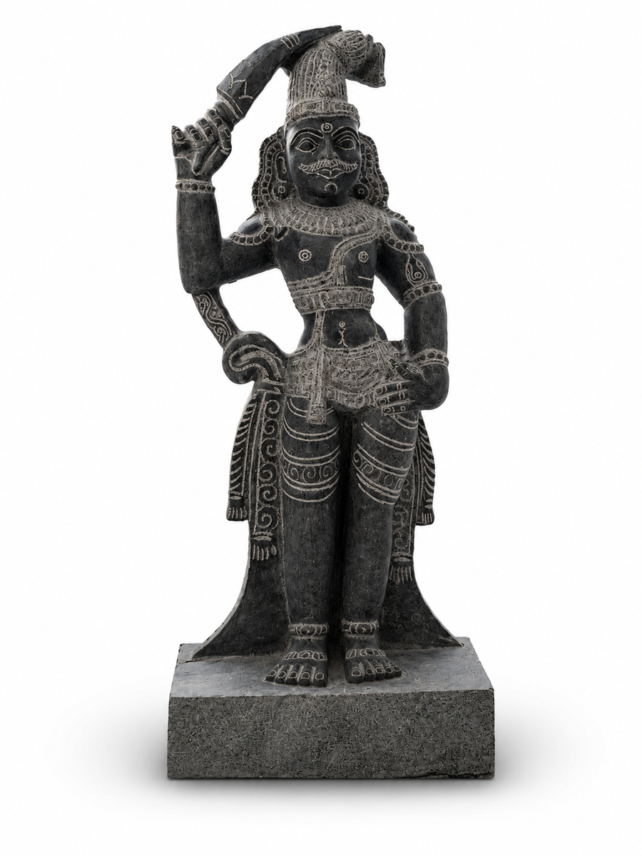Hand-carved 1.5 ft Madurai Veeran statue in natural stone, product view 1 highlighting the guardian deity form and carved details.