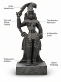 Hand-carved 1.5 ft Madurai Veeran statue in natural stone, product view 2 highlighting the guardian deity form and carved details.