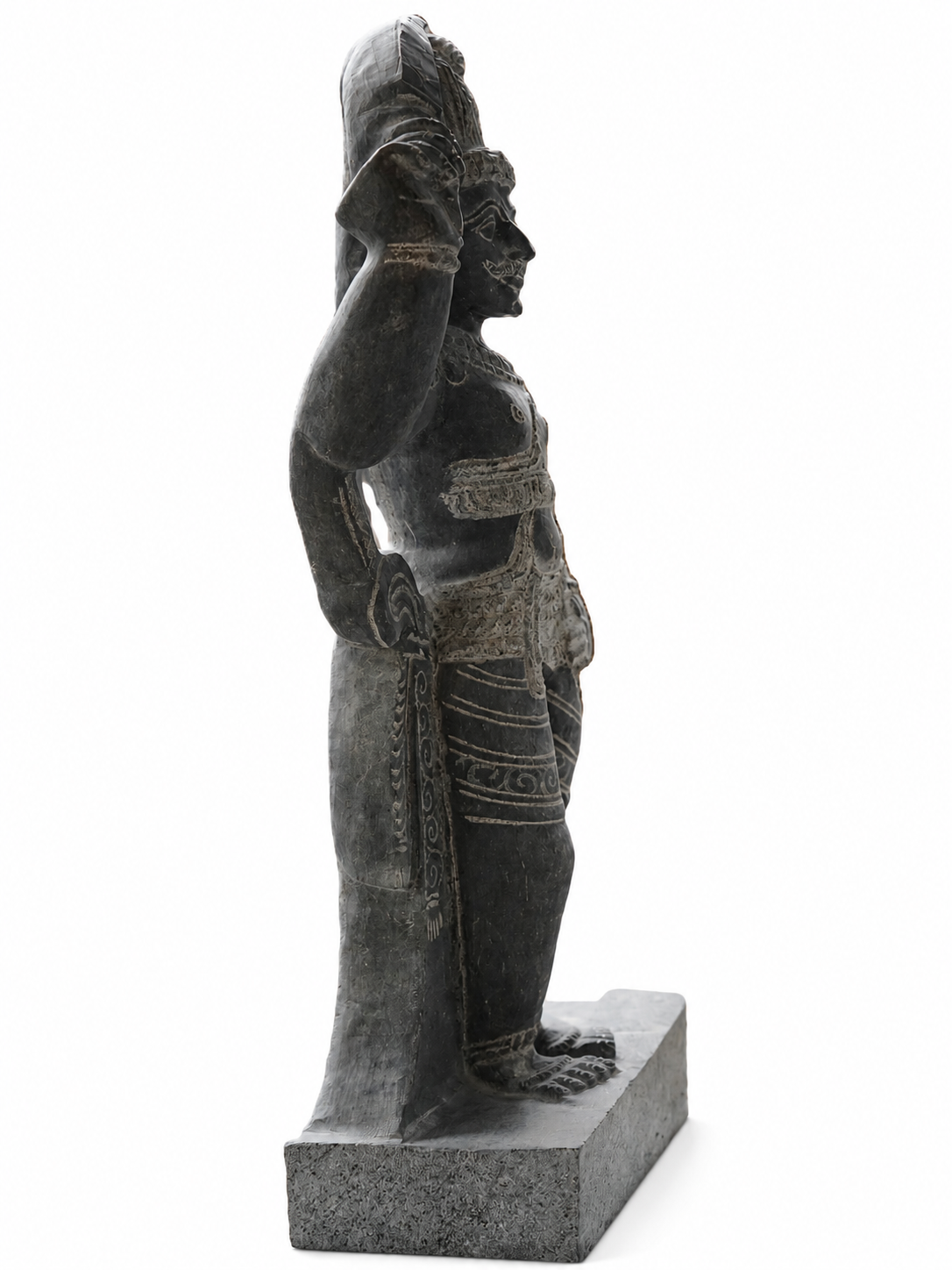 Hand-carved 1.5 ft Madurai Veeran statue in natural stone, product view 3 highlighting the guardian deity form and carved details.