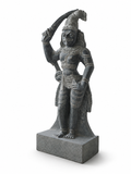 Hand-carved 1.5 ft Madurai Veeran statue in natural stone, product view 4 highlighting the guardian deity form and carved details.