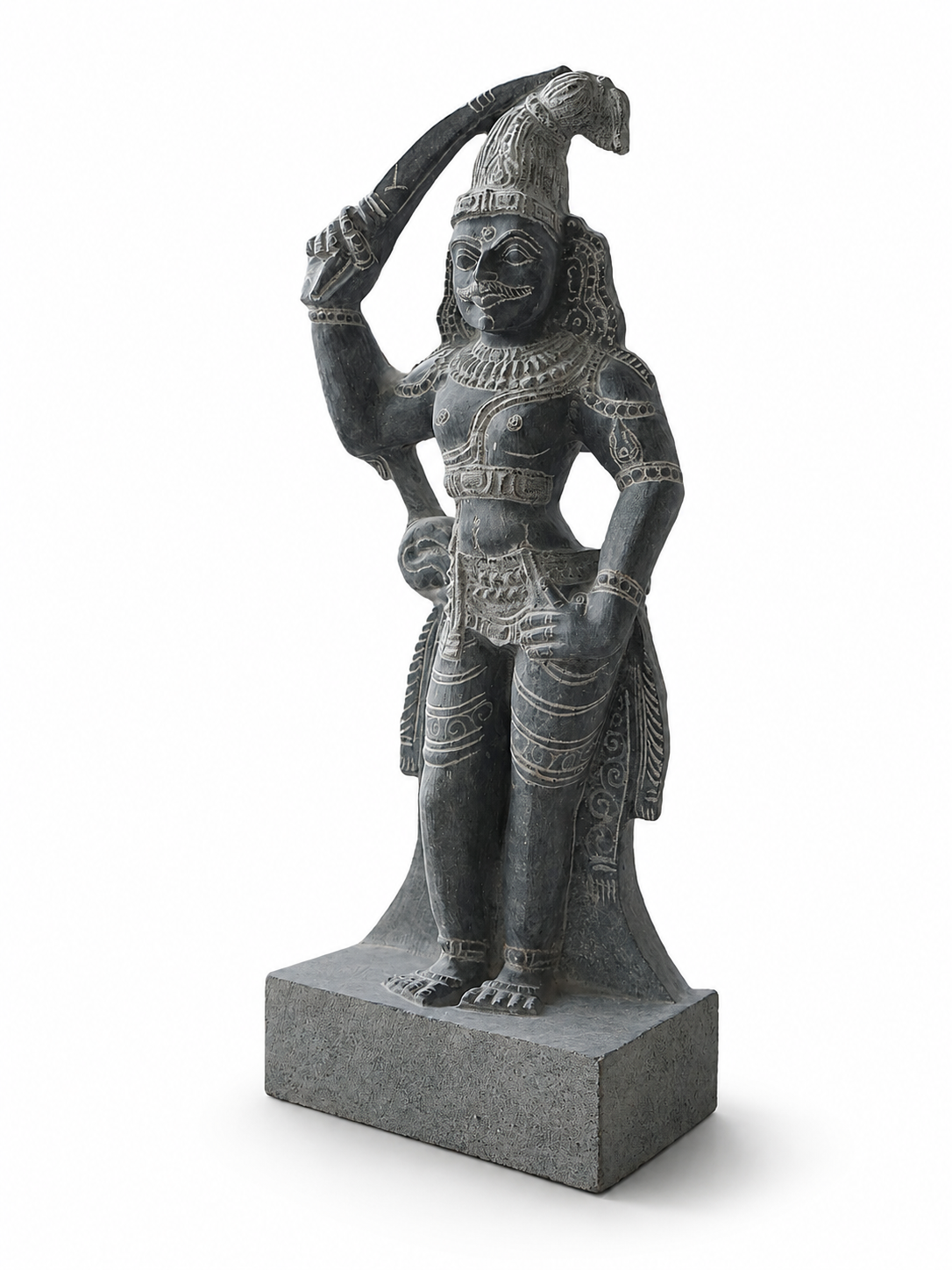 Hand-carved 1.5 ft Madurai Veeran statue in natural stone, product view 4 highlighting the guardian deity form and carved details.