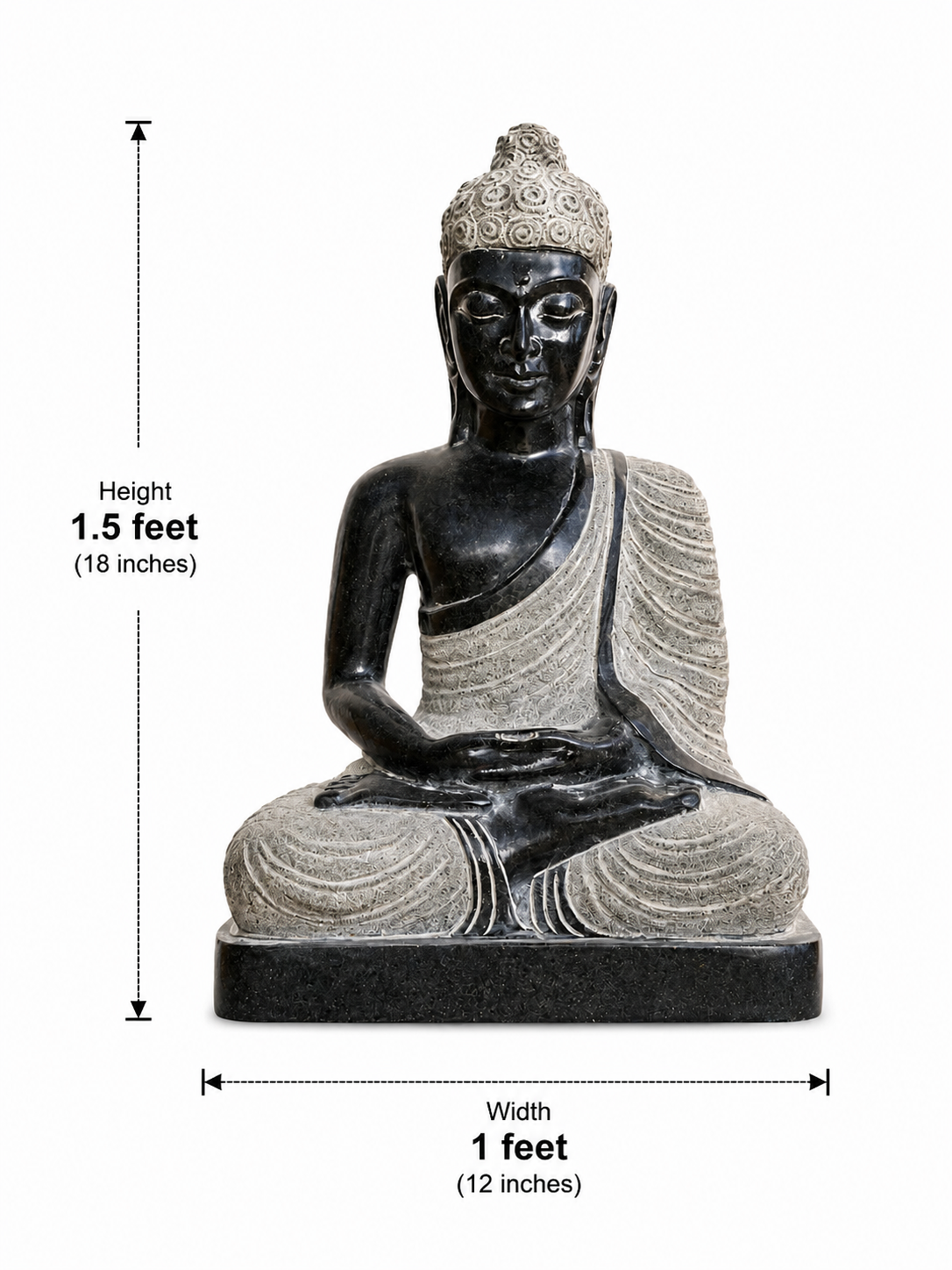 Dimension guide for a hand-carved 1.5 ft meditating Buddha statue in polished black stone on a white background.