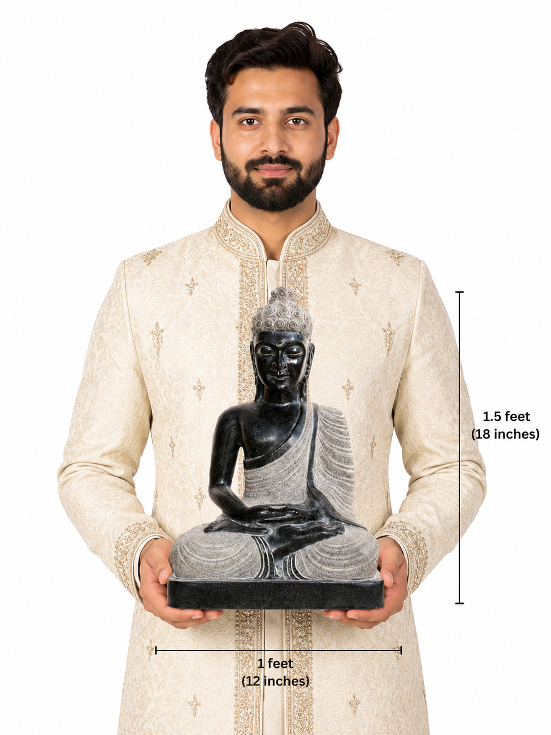 Hand-carved 1.5 ft meditating Buddha statue in polished black stone shown beside an adult model for scale with measurements.