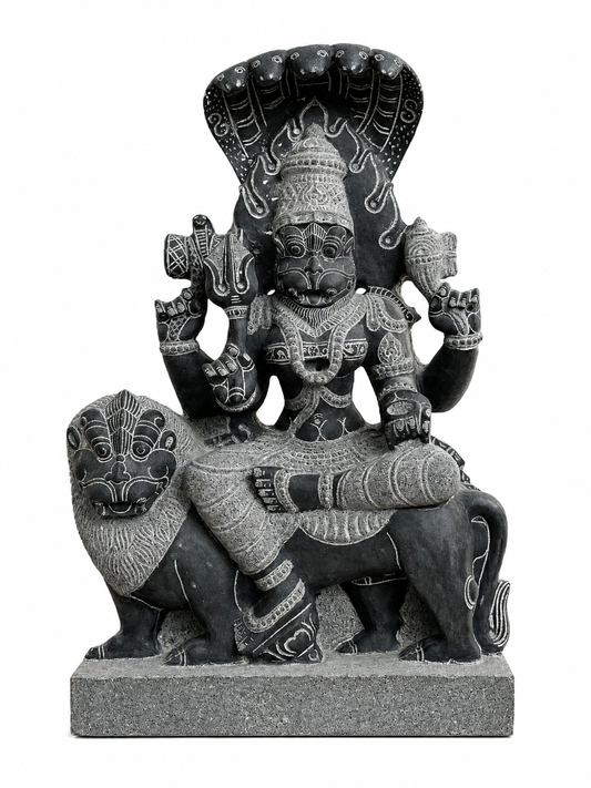 Hand-carved 1.5 ft Pratyangira Devi statue in natural stone, product view 1 highlighting the goddess form and carved details.